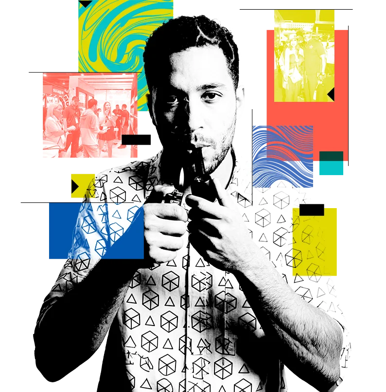 Man smoking pipe with colorful boxes around him