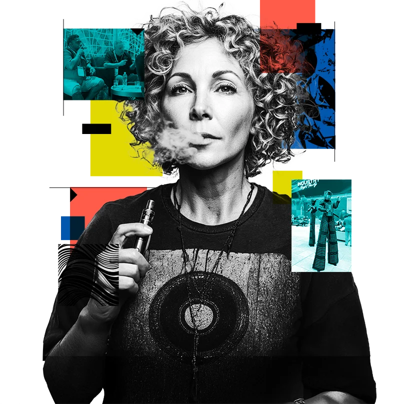 Woman smoking hookah with colorful boxes around her