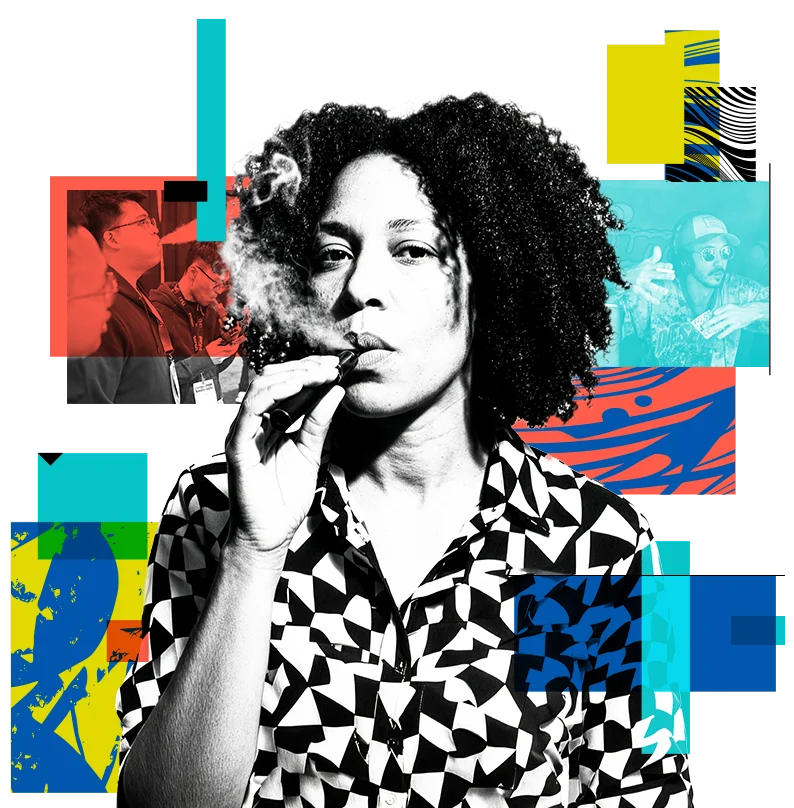 Woman vaping with colorful boxes around her